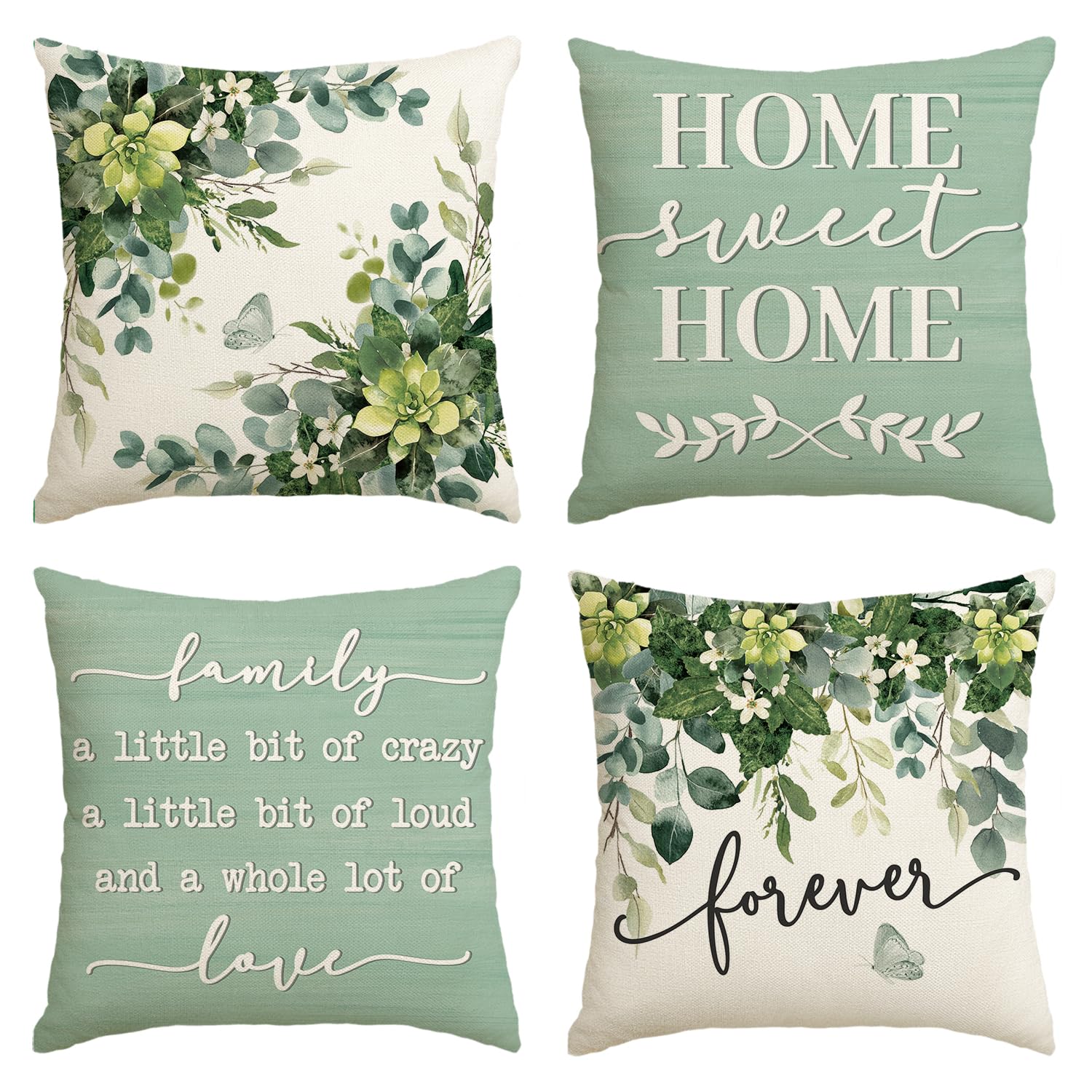 AVOIN colorlife Spring Home Sweet Home Eucalyptus Leaves Throw Pillow Covers, 18 x 18 Inch Seasonal Fall Motto Green Cushion Case for Sofa Couch Set of 4