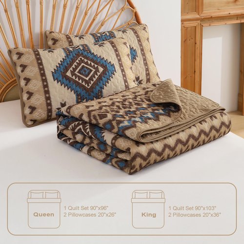Dintszyayue Brown Boho Quilt Set Queen，3 Pieces Aztec Texture Bedspread Southwestern Coverlet Set Soft Lightweight Bed Cover for All Season Microfiber Bedding with 2 Pillowcases(Brown,96"x90")