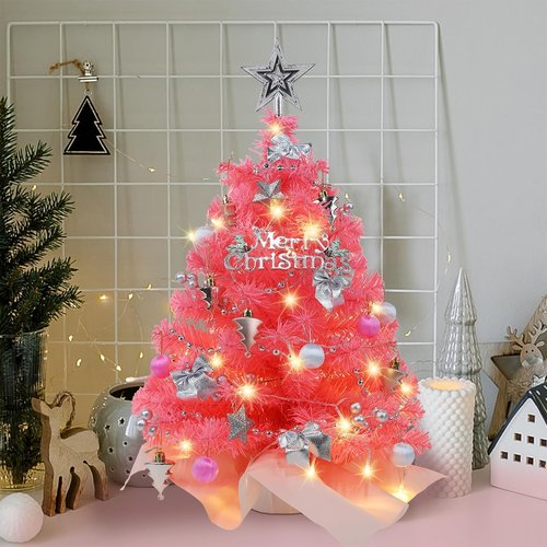 Juegoal 24-Inch Pink Mini Christmas Tree - Lighted Tabletop Artificial Pine with 50 LED Lights & Timer