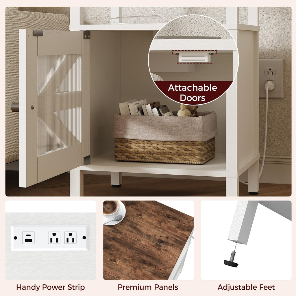 MAHANCRIS Farmhouse Nightstand with Charging Station, Rustic Bedside Table with USB Ports and Outlets, End Table Living Room with Storage, Side Table for Bedroom, White and Rustic Brown ETRW97E01