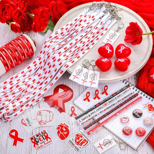 Hollowfly 400 Pcs Red Ribbon Heart Health Awareness Item Includes Ribbon Awareness Silicone Wristband Key Chain Pencil Cutout Lanyards Button Pin Sticker for Charity Fundraising Party Supply