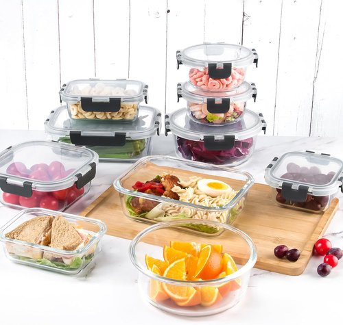 C CREST Glass Food Storage Containers Set of 12 - Airtight Locking Lids for Freshness | Multi-Size Meal Prep