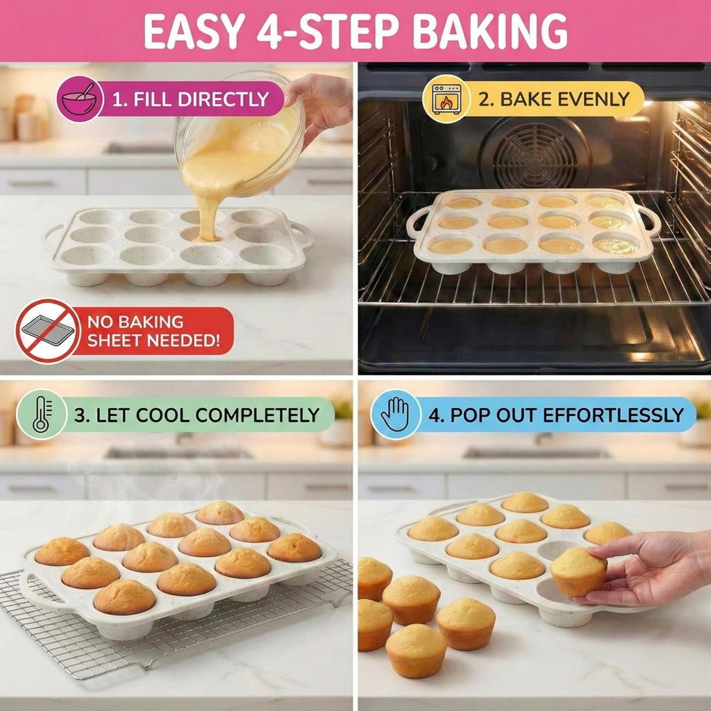 Skiennix Silicone Muffin Pan Set - 2-Pack Regular 12-Cup & Mini 24-Cup | Nonstick, BPA-Free, Dishwasher-Safe, Cream
