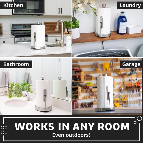 Heavy-Duty Stainless Steel Paper Towel Holder - Easy One-Handed Tear with Suction Cups - Modern Weighted Standing Countertop Dispenser for Kitchen - Holds All Paper Towel Rolls, Silver