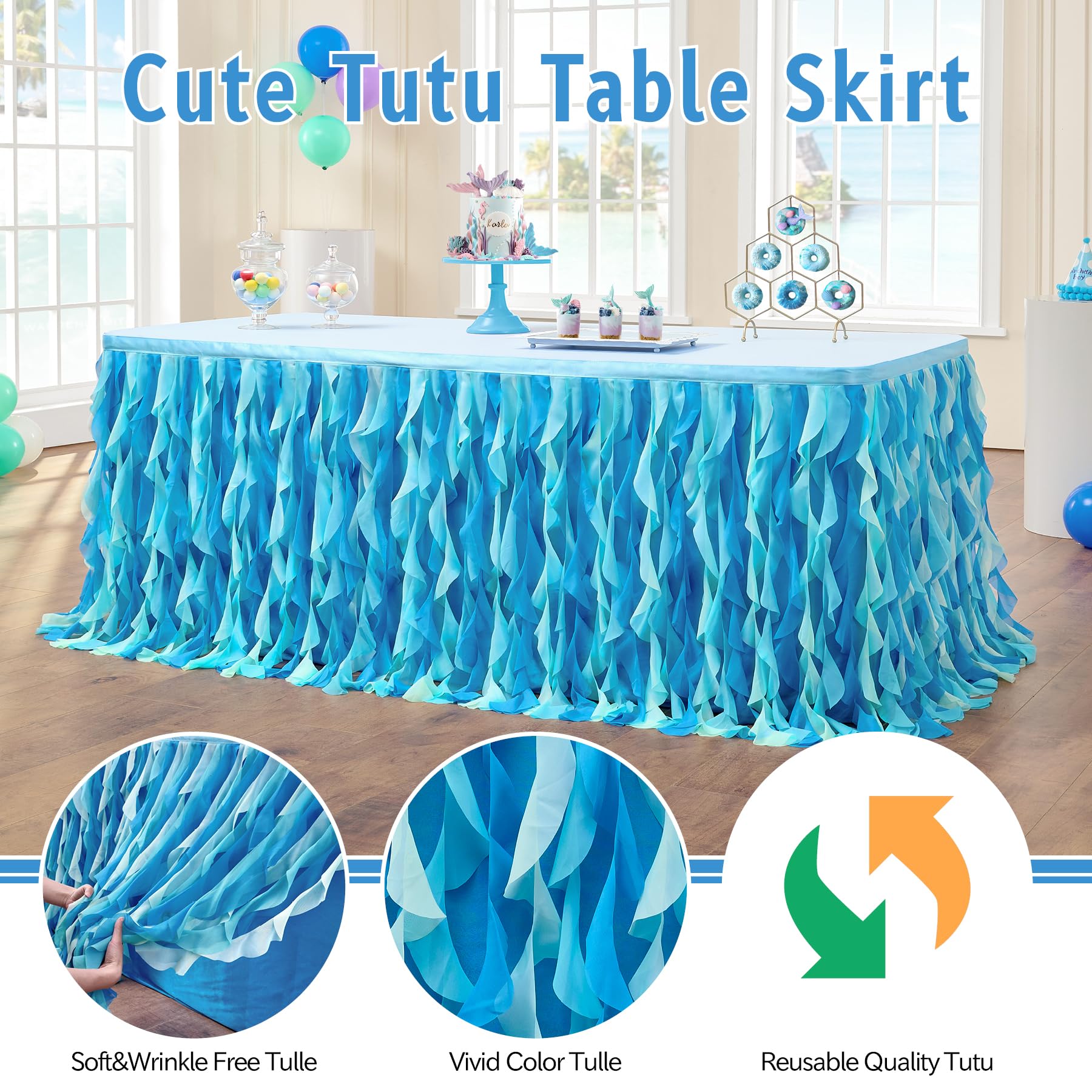 leegleri 108in Tulle Ruffle Curly Willow Table Skirt for 4/6/8FT Tables, Under The Sea Ocean Blue Baby Shark Themed Tutu Table Skirt for Baby Shower, Birthday Party