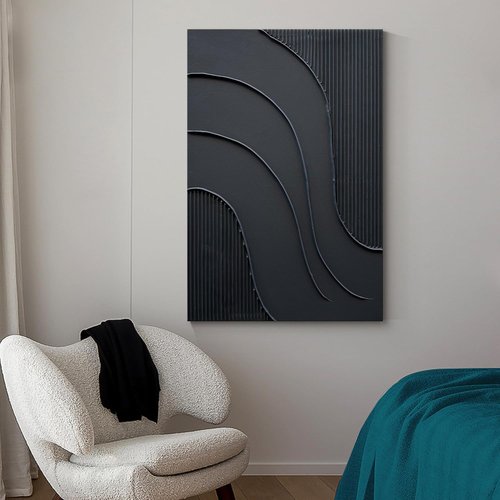 NANKAI Hand-Painted Black Minimalist Oil Painting - Thick Texture 24x36 Inch Abstract Wall Art