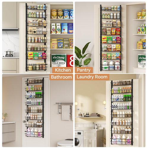 MIAOLI Over the Door Pantry Organizer, 8-Tier Adjustable Spice Rack Cabinet Door Shelves, Hanging Seasoning Organizer for Kitchen Bathroom, Laundry Room Organization, Black