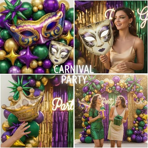 Mardi Gras party Decorations with Purple Green Gold Balloon Garland Arch Kit & large Star Masquerade Mardi Mask Crown foil Balloons for Birthday Masquerade fat Tuesday Theme party Decorations