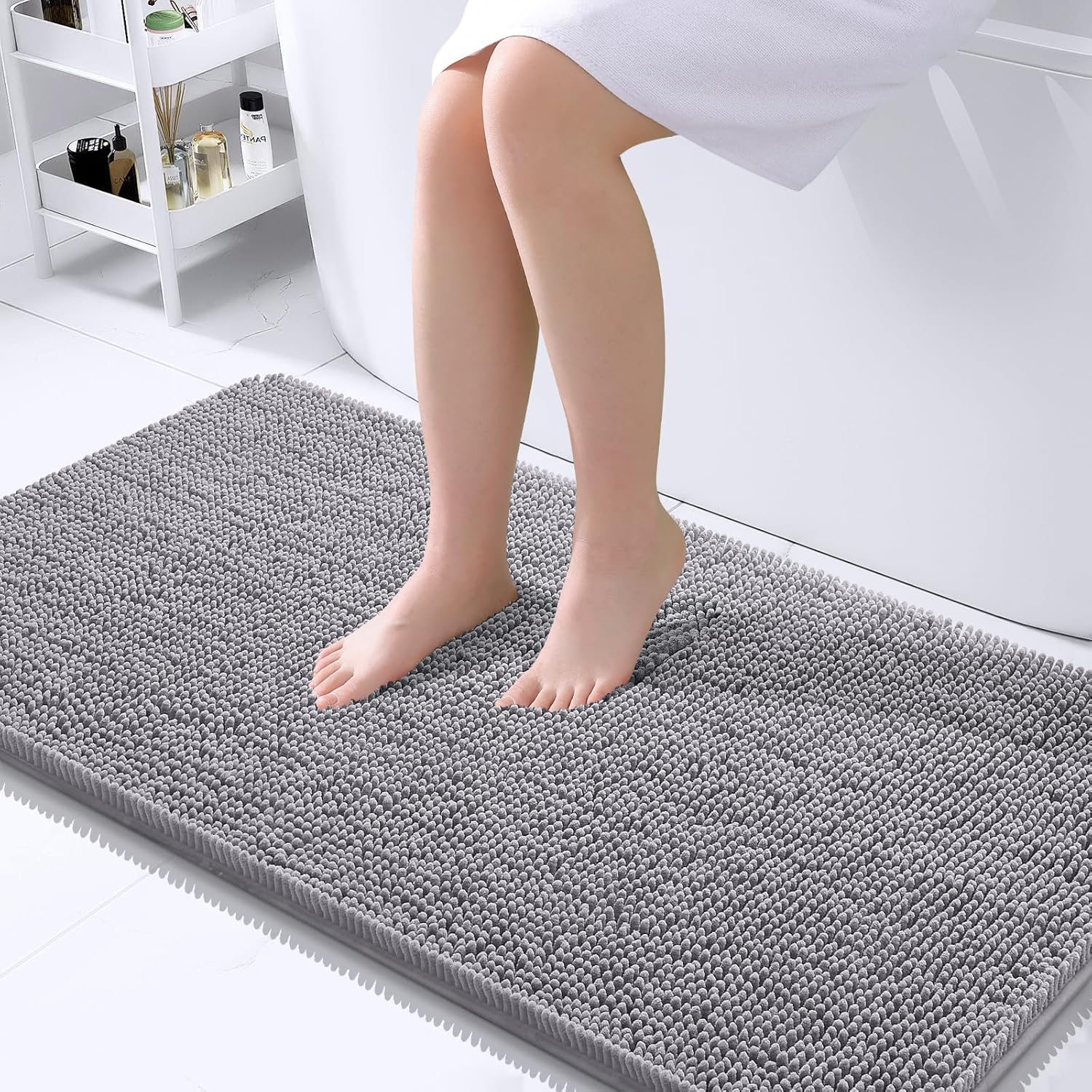 OLANLY Large Bathroom Rugs - Extra Soft Chenille Bath Mats with Rubber Backing | 45x27, Quick Dry, Grey