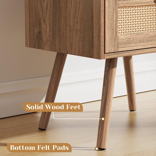 SUPERJARE Nightstands Set of 2, Night Stands with Charging Station & PE Rattan Decor Drawer, Bed Side Tables with Solid Wood Feet, End Table, for Bedroom, Living Room, Walnut