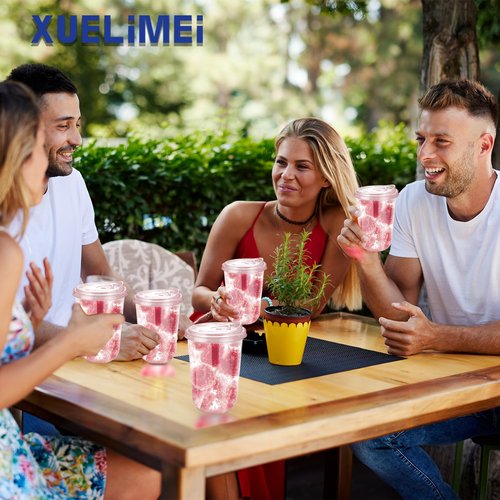 Xuelimei 16oz Disposable Stemless Glasses With Strawless Sip Lids,PET Disposable Drinking Cups,Clear Plastic Wine Glasses for Parties Birthday,Wedding,Meeting,Christmas Party Supplies (50, Pink)