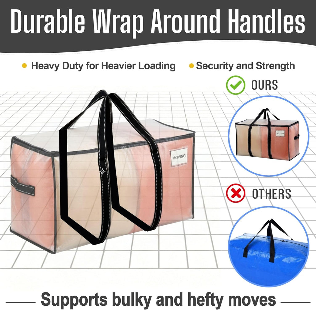 VENO Clear Moving Bags - 90L Extra Large Transparent Storage Totes with Heavy-Duty Reinforced Handles & Zippers