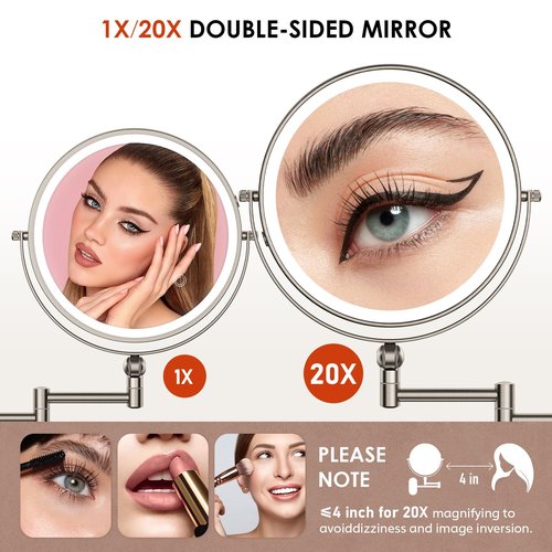 ZLOKLA 9" Wall Mounted Lighted Makeup Mirror,4000mAh Rechargeable Double Sided 1X/20X Magnifying Mirror with Light,Touch Dimmable,Extended Arm 360 Rotation Wall Mounted Makeup Mirror 3 Color Lights-N