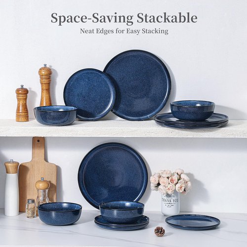 Ceramic Plates and Bowls Sets: 12 Piece Porcelain Dinnerware Sets, Stoneware Kitchen Dishes Set for 4, Scratch Resistant Plate Set, Microwave Dishwasher Oven Safe, Reactive Glaze (Blue)