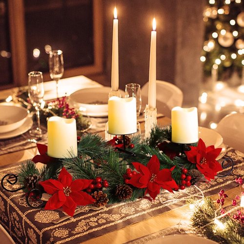 MorTime Christmas Centerpiece - 3 Candle Holders with Red Flowers, Berries & Pinecones | Indoor Holiday Decor
