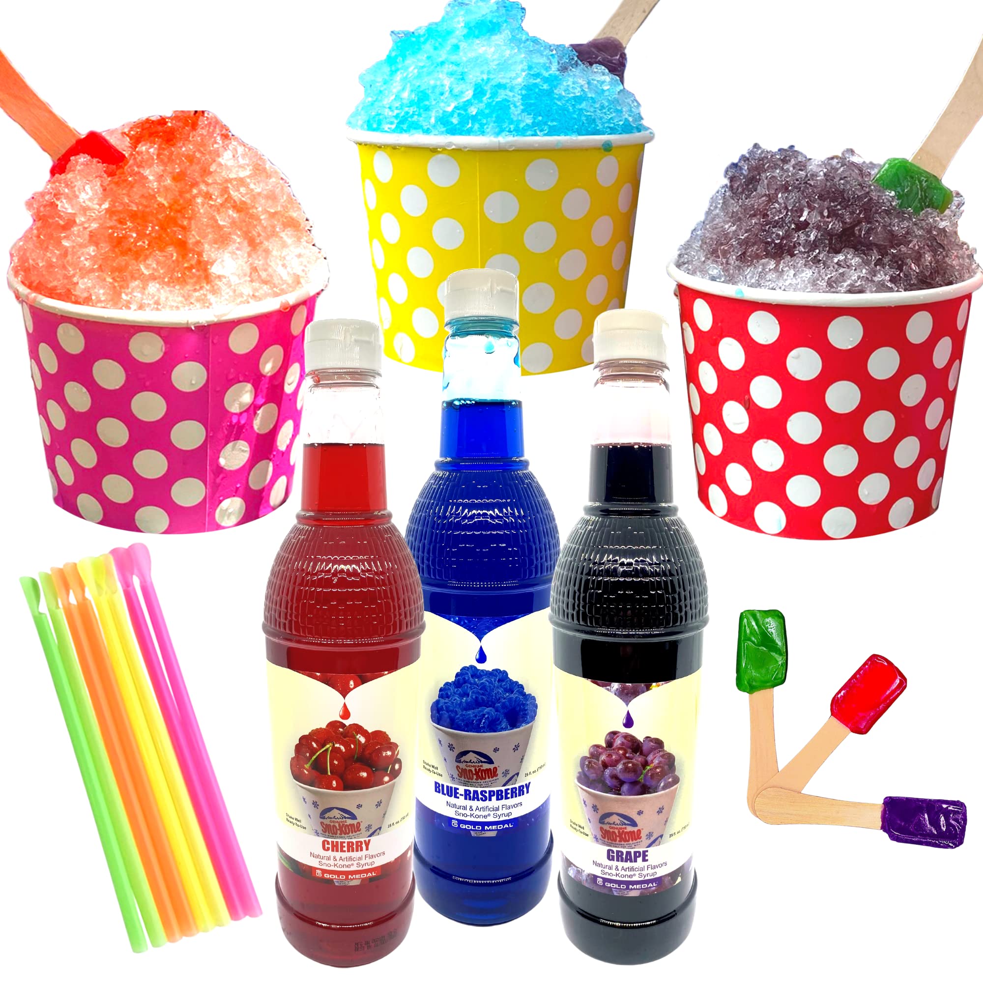 Concession Essentials 115 Piece Snow Cone/Shaved Ice Kit with 75 Ounces of Syrup, Cups, Neon Straws and Bonus Candy Spoons