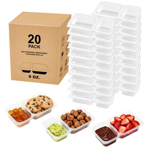 HI-REEKE 9 OZ Double Compartment Snack Containers, 20 Sets Bigger Reusable Clear Snack Packs Container with Lids