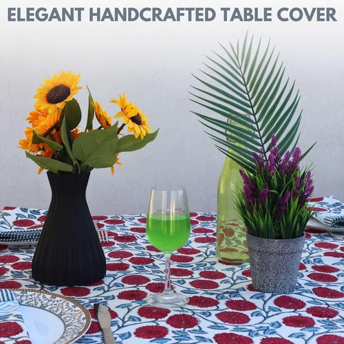 Handblock Print Cotton Tablecloth – 72x135 Rectangle Table Cover Seats 8-10 – Indian Block Printed Floral Dining Table Linen – Boho Washable Cloth for Kitchen, Party, Outdoor (White)
