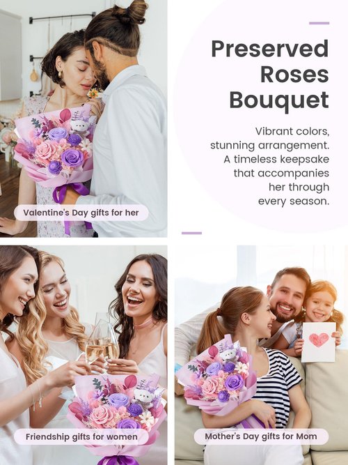 Polylove Preserved Flowers for Delivery Prime Forever Flowers Bouquet with Bear Flower Gift for Wife Women Birthday