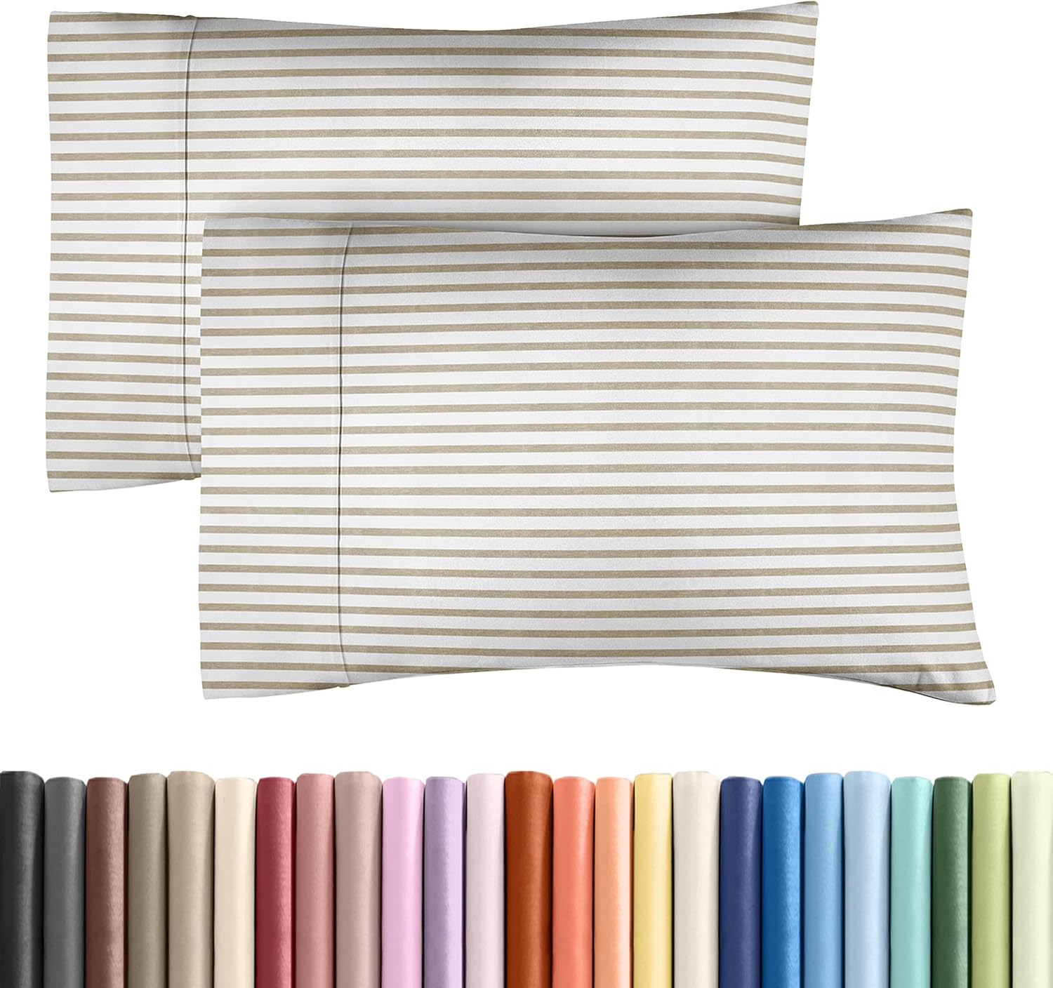 Skiennix Queen Pillow Cases Set of 2 - Ultra Soft Hotel Quality - Wrinkle Free & Fade Resistant - Beige Stripes