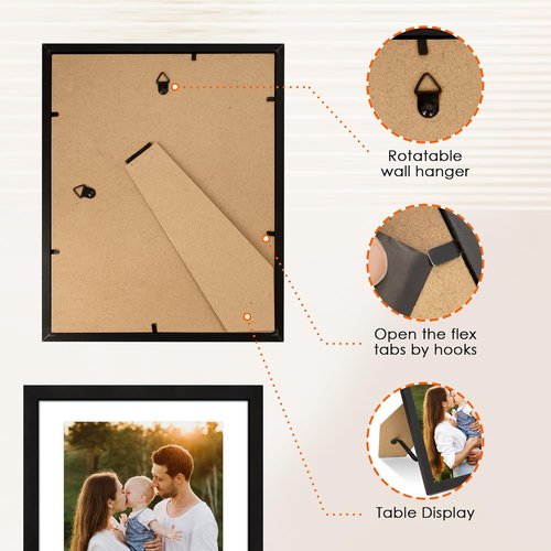 FIXSMITH 8x10 Picture Frame - HD Plexiglass for 5x7 with Mat or 8x10 Without Mat - Black Tabletop & Wall Display