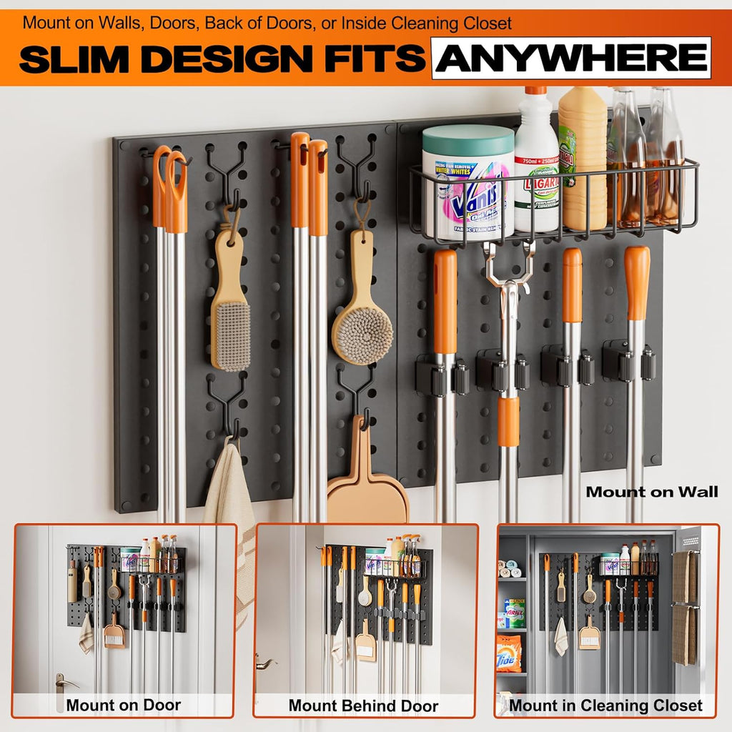 Pegboard Wall Organizer by Broom Holder - Mop Hanger Gripper Hooks & Storage Basket for Laundry Room