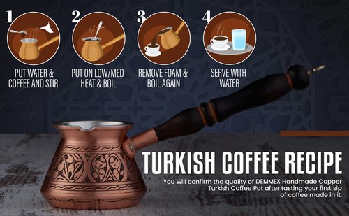 DEMMEX Thickest Copper Turkish Greek Arabic Coffee Pot, Stovetop Coffee Maker, Cezve Ibrik Briki with Wooden Handle & Spoon, Hand Engraved