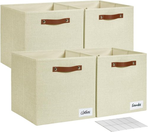 Bagnizer Collapsible Fabric Storage Cube Bins - Foldable Organizer Baskets with 2 Handles | 13"x13"x13", Beige, 4 Pack