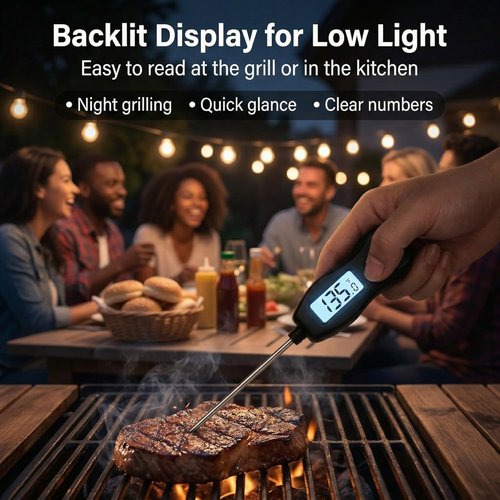 Meat Thermometer by [Brand Name] - Digital Instant Read with Backlight | Waterproof for BBQ, Grilling, and Baking (Black)