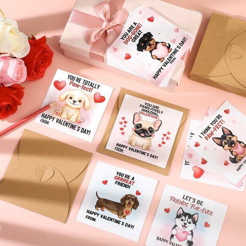 Tinlade 24 Pack 4.3 x 4.3″ Dog Valentines Cards with Envelopes Dog Valentines Day Cards Bulk for Classroom Adorable Design with Printed Message Inside for Teachers Students Coworker Family Friend