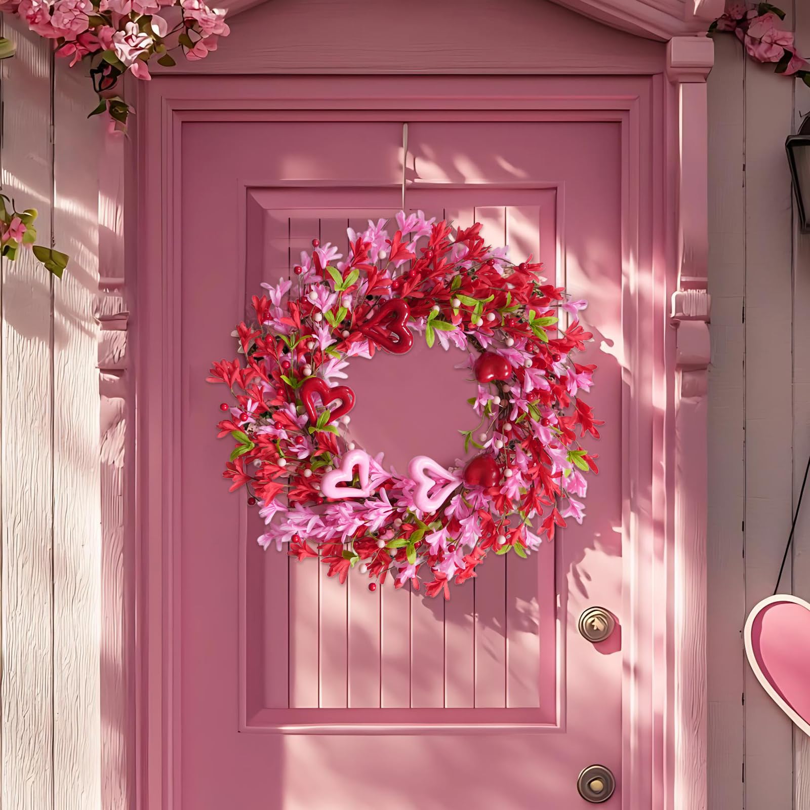 TEMPUS 20 Inch Openwork Heart Shaped Wreath for Spring Pink & Red Forsythia with Heart Berries for Front Door-Love Decor for Mothers Day Anniversary Party