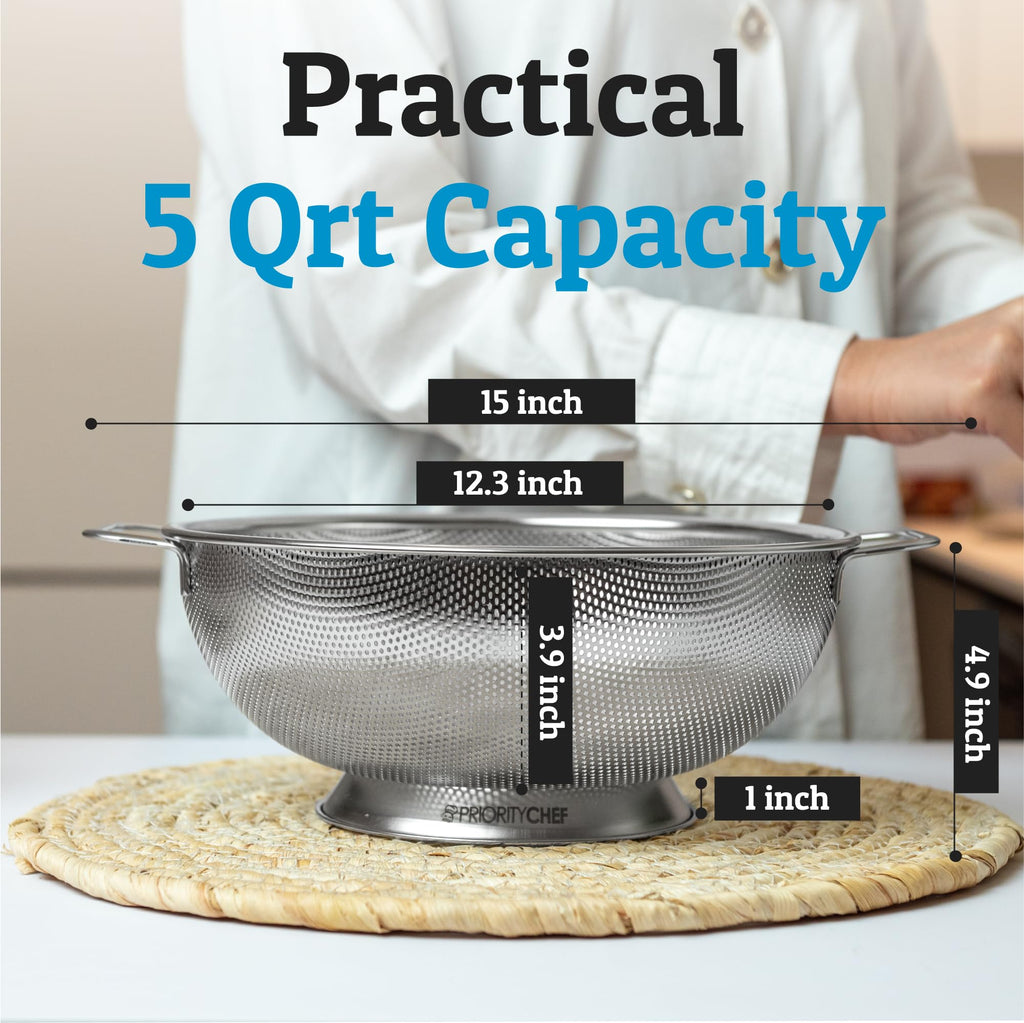 PriorityChef Colander, Stainless Steel Kitchen Strainer For Washing Rice, Pasta And Small Grains, 5 Quart