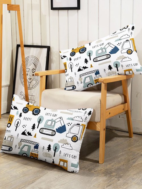 Datura home Woodland Construction Sheets Set 4Pcs for Kids,Cartoon Excavator Truck Lifter Print Sheet Set with 1 Flat Sheet and 1 Fitted Sheet + 2 Pillowcases(Woodland Construction Full)