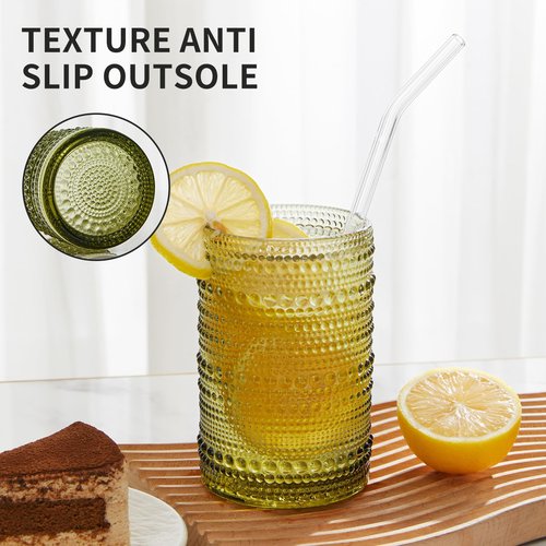 HomeVogue Vintage Hobnail Drinking Glasses Set of 12, 15 oz Highball Glasses & 12 oz Cocktail Glasses Set, Green Kitchen Water Glasses Cup, Bar Tumbler Glassware Set for Beer, Juice, Whiskey, Milk