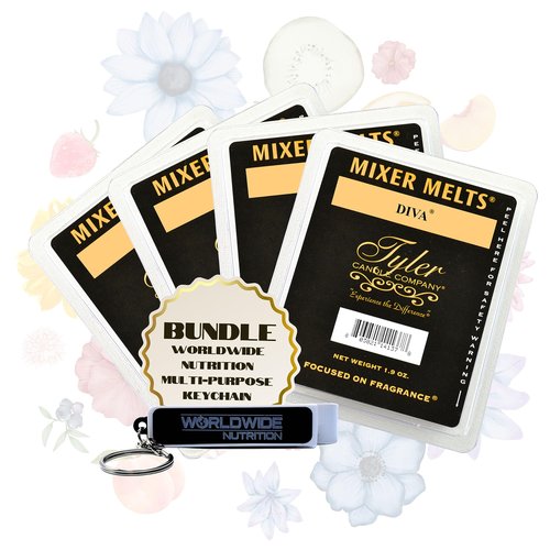 Worldwide Nutrition Bundle: Tyler Candle Company Diva Scent Wax Melts - Soy Wax Tyler Diva Wax Melts Scented Mixer Melts for Wax Warmer - Pack of 4, 6 Bars per Melt and Multi-Purpose Key Chain