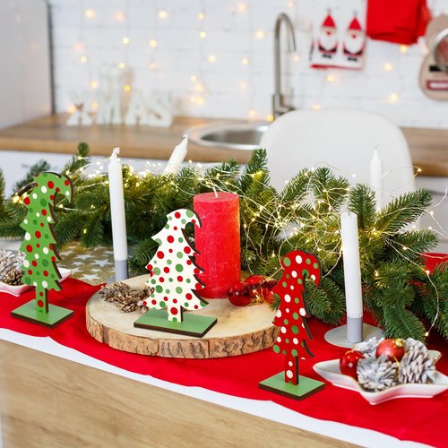 Meooeck 3 Pcs Lime Green Wood Christmas Tree Tabletop Bendable Christmas Tree Small Decor Farmhouse Standing with Rectangular Base for Home Office Tabletop Decor(Polka Dot)