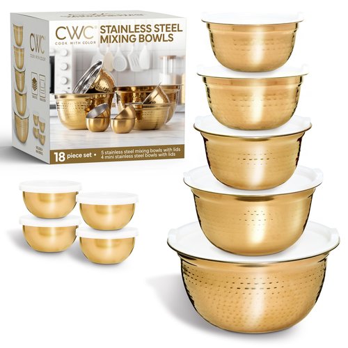 COOK WITH COLOR 18 Piece Mixing Bowls Set with Airtight Lids, Handcrafted Stainless Steel Bowls, Food Storage Containers, Meal Prep, Nesting Salad Bowls For Cooking, Baking, Kitchen, Gold- Hammered