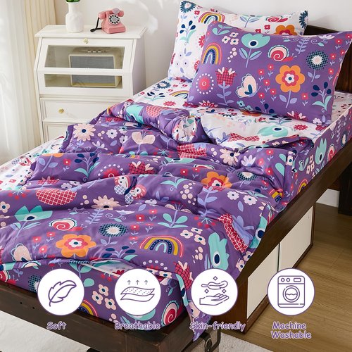 DJY Zipper Bedding Set Twin, Purple Floral Bedding Sets for Girls, Kids Comforter Set with Fitted Sheet Pillowcases, All in One Zipper Bed Set for All Seasons