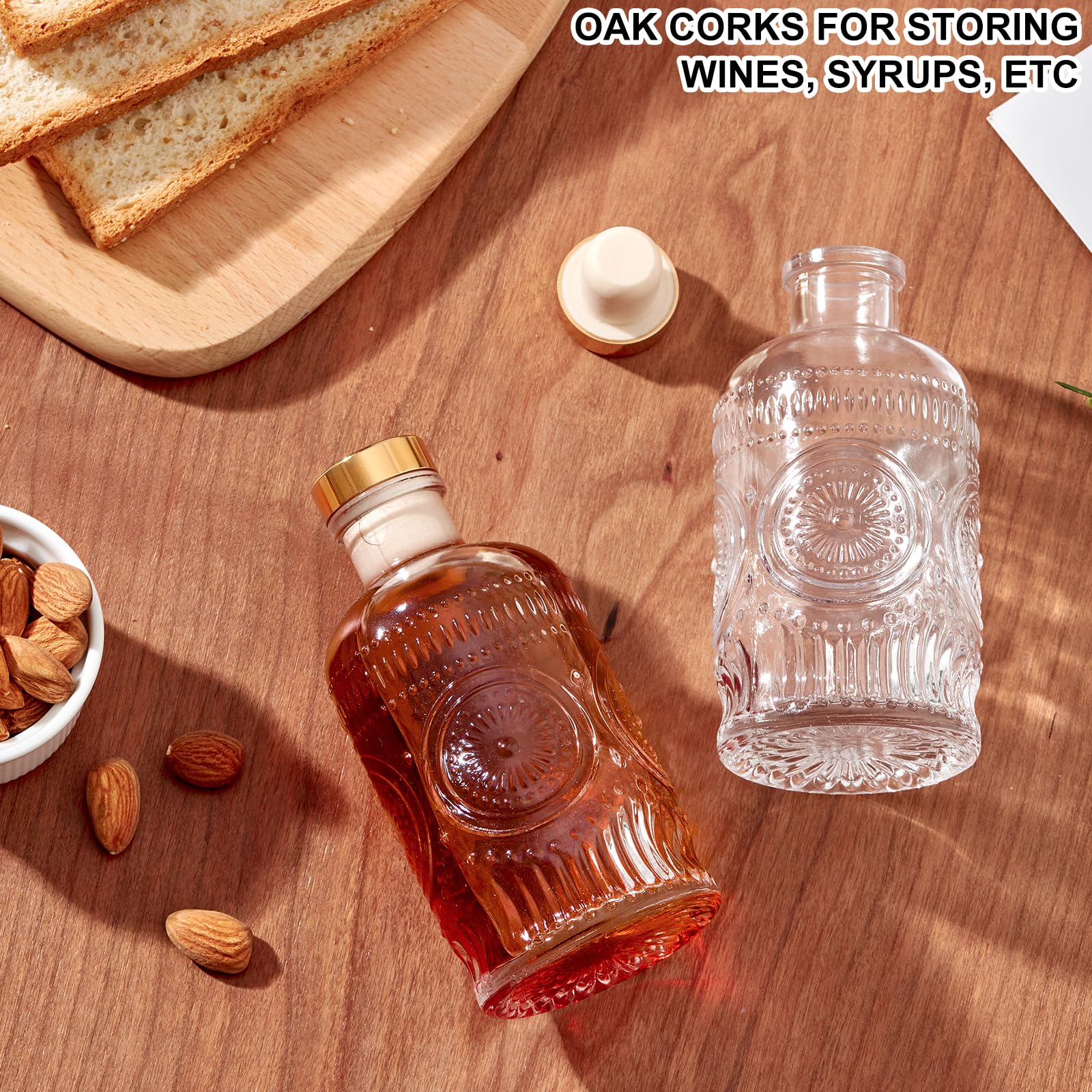 MUVEKA Olive Oil Dispenser Bottle for Kitchen, 7 oz/ 200 ml Cooking Oil Dispenser, Oil and Vinegar Dispenser Bottle Set, Glass Oil Containers with Weighted Pourer Spouts, Oak Corks