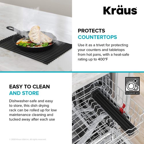 Kraus Multipurpose Workstation Sink Roll-Up Dish Drying Rack, Colander and Trivet in Green, KRM-11GR