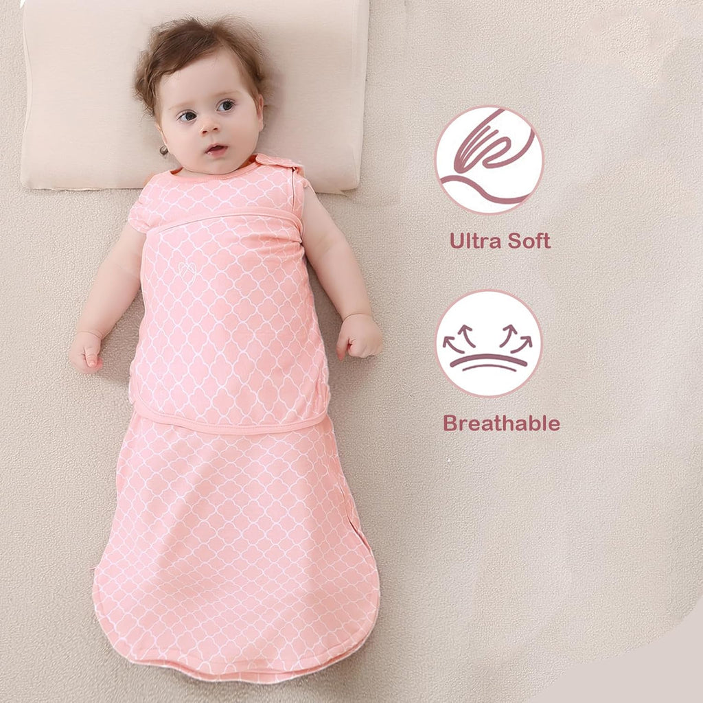Skiennix Baby Sleep Sack Swaddle - 3-Way Adjustable 100% Cotton Transition Blanket for Girls | 0-6 Months, Pink
