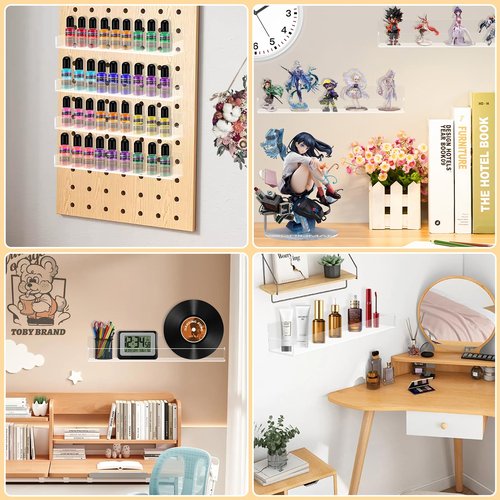 SOVQUEST Clear Acrylic Floating Shelves Wall Mounted 15 Inch Invisible Kids Bookshelf Figurine Display Shelf Spice Rack for Office Bathroom Kitchen (4 Pack)