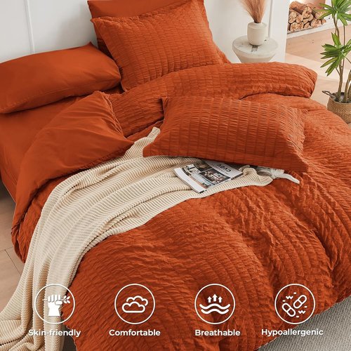 HYMOKEGE California King Comforter Set - Luxurious Burnt Orange Seersucker, 7-Piece All-Season Bedding Set