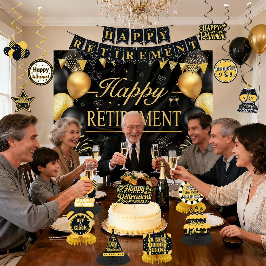 Retirement Party Decorations for Men Women Black Gold Happy Retirement Banner Backdrop Honeycomb Centerpiece Cake Topper Hanging Swirl Set