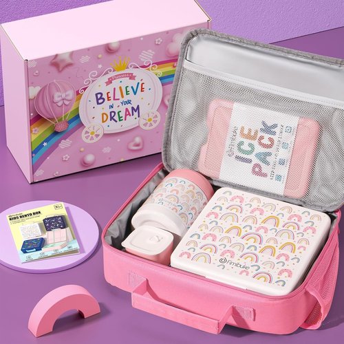 Fimibuke Kids Bento Lunch Box - 4 Compartments, Insulated Bag & Stainless Steel Thermo Jar | Perfect for Ages 3-12