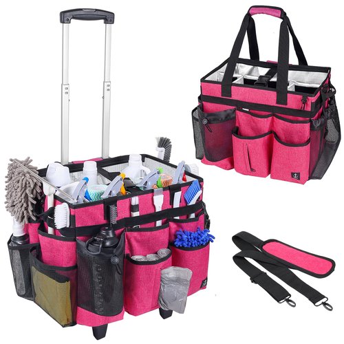 Timoxi Extra large Rolling Cleaning caddy bag Built-in Hard Support Board,Cleaning Cart with Detachable Trolley, Housekeeping Cleaning caddy with Adjustable Shoulder Strap and Multiple Storage Pockets