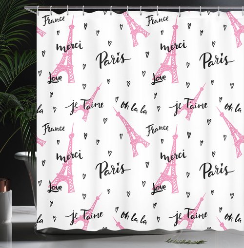 Ambesonne Eiffel Tower Shower Curtain, France Paris Oh La La Eiffel Tower Hearts Calligraphy Doodle Style Artwork, Cloth Fabric Bathroom Decor Set with Hooks, 69" W x 70" L, Black Pink