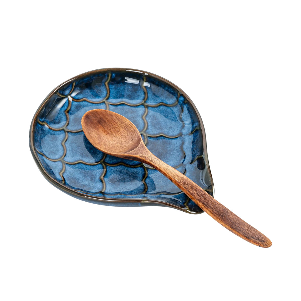 Spoon Rests, Large Ceramic Spoon Holder for Kitchen Counter, Farmhouse Cooking Utensil Holder for Spoons, Ladles, Spatula - Cooking Kitchen Spoon Rest Spatula Rest, 6 inch (Reactive Glaze Blue)
