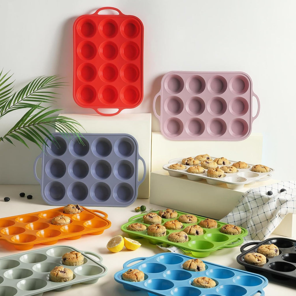 Skiennix Silicone Muffin Pan Set - 12 Cups with Metal Reinforced Frame | Oven & Dishwasher Safe