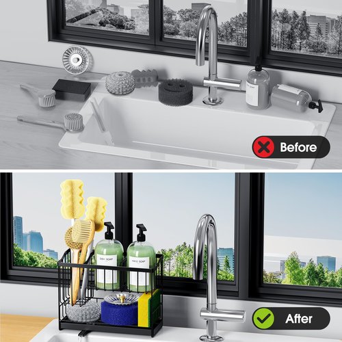 DYFVPOU Kitchen Sink Caddy, 2-Tier Self-Draining Sponge & Dish Brush Holder, Rustproof 304 Stainless Steel Space-Saving Organizer with Drying Tray, Black